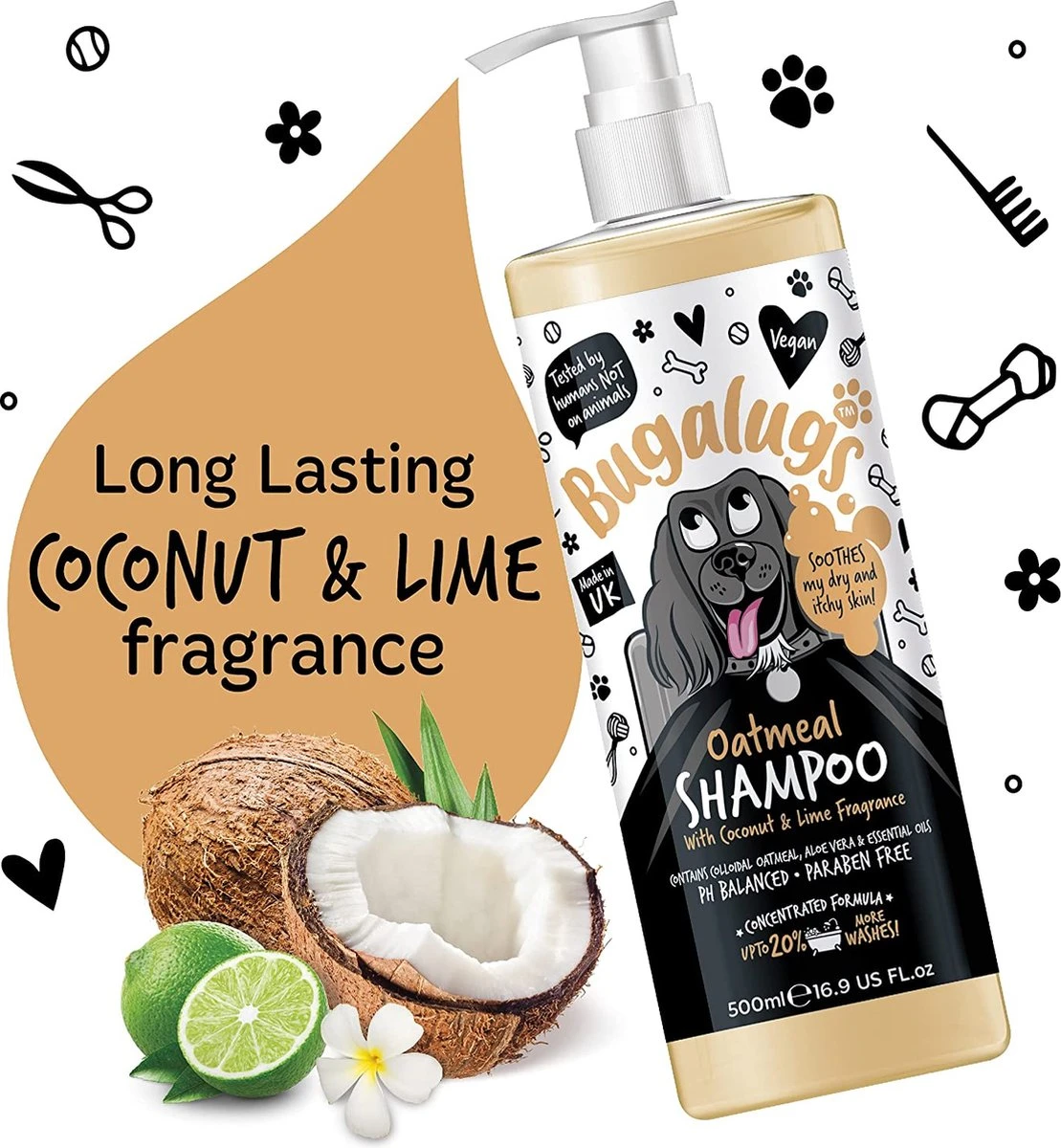 Bugalugs - Hondenshampoo Oatmeal - Met Kokos En Limoen Geur - Alle Vachttypes - Fles Met Pompje - Vegan - 500 Ml 5 Bugalugs - Hondenshampoo Oatmeal - Met Kokos En Limoen Geur - Alle Vachttypes - Fles Met Pompje - Vegan - 500 Ml - Afbeelding 3