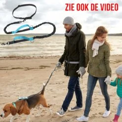 Merkloos Allernieuwste® Elastische Hondenriem 2-in-1 HANDSFREE Voor Hardlopen Shoppen En Wandelen - Honden Riem 160/260 Cm - Blauw Zwart -Hondenbenodigdheden 1198x1200 2