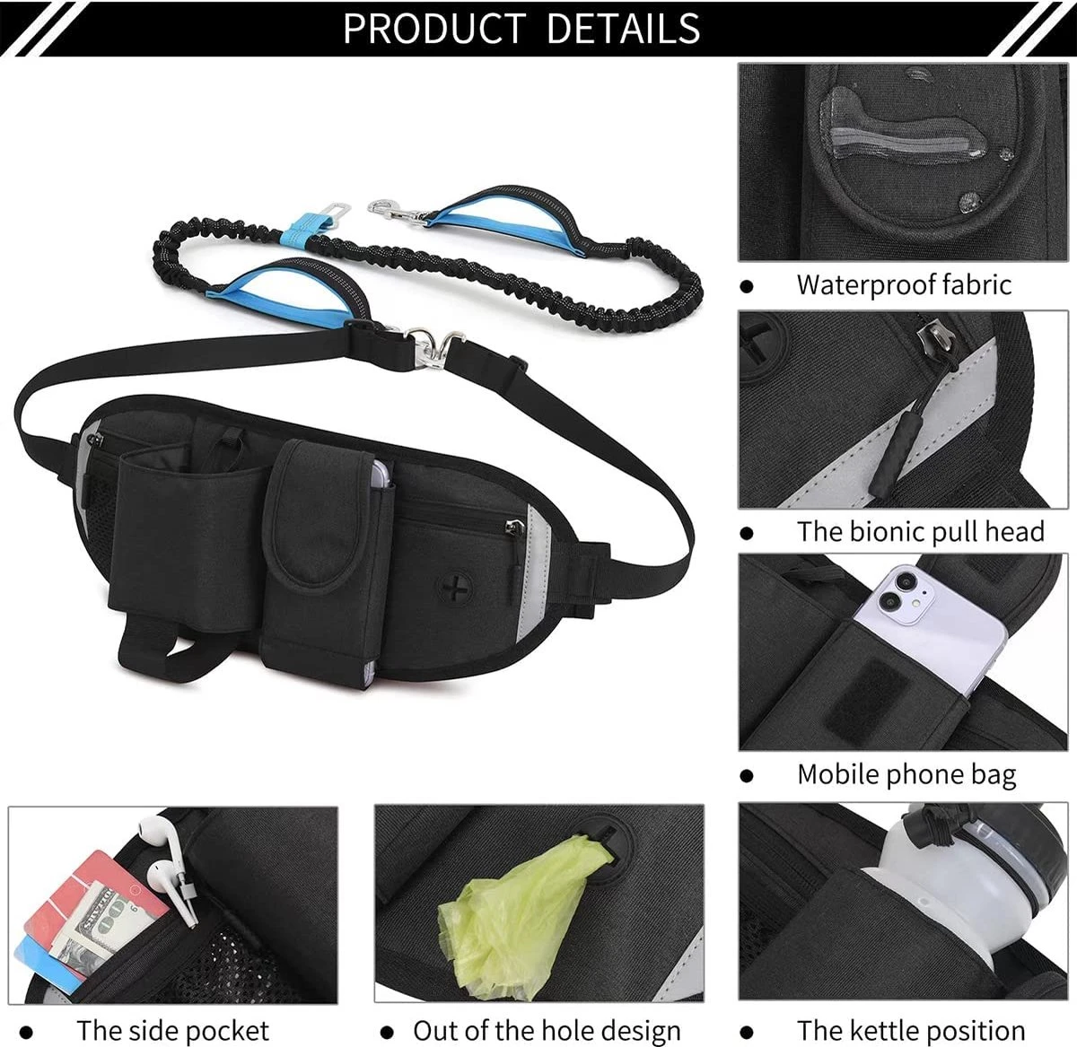 BOTC Looplijn Hond Met Heupriem Voor Hardlopen - Met Drinkbak Hond - Hondenriem - 1 Roll Poep Zakjes - Zwart 4 BOTC Looplijn Hond Met Heupriem Voor Hardlopen - Met Drinkbak Hond - Hondenriem - 1 Roll Poep Zakjes - Zwart - Afbeelding 2