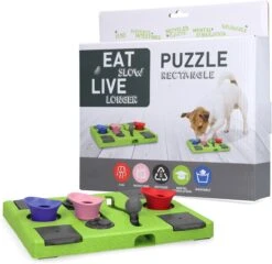 Eat Slow Live Longer Puzzel Rectangle – Intelligentie Speelgoed Voor Honden – Interactief Hondenspeelgoed – Uitdagende Hondenpuzzel – Gerecyclede Materialen – Te Vullen Met Snacks - 25x26x5 Cm - Groen