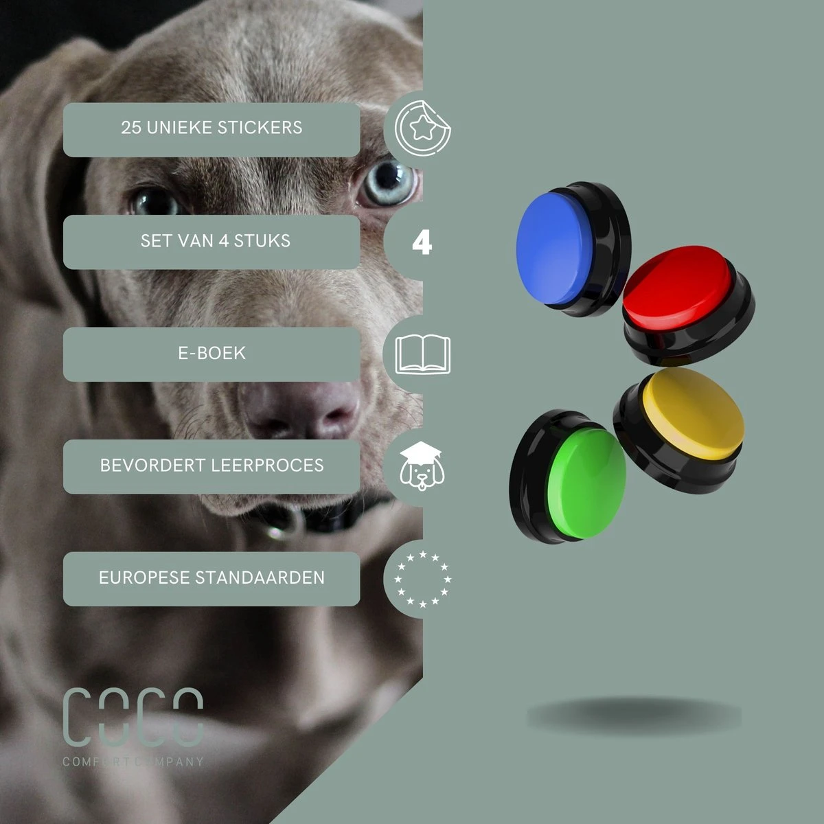 Comfort Company Praatknop Hond | Dogbuttons – Honden Speelgoed | Honden Speelgoed Intelligentie | 4 Stuks | Agility Voor De Hond | 30 Seconden Opnamen | Honden Training 4 Comfort Company Praatknop Hond | Dogbuttons – Honden Speelgoed | Honden Speelgoed Intelligentie | 4 Stuks | Agility Voor De Hond | 30 Seconden Opnamen | Honden Training - Afbeelding 2