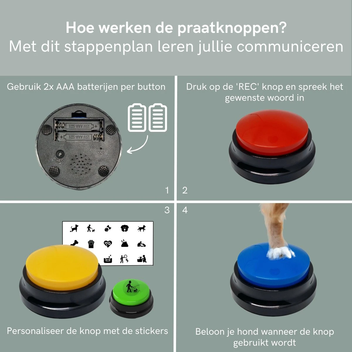 Comfort Company Praatknop Hond | Dogbuttons – Honden Speelgoed | Honden Speelgoed Intelligentie | 4 Stuks | Agility Voor De Hond | 30 Seconden Opnamen | Honden Training 7 Comfort Company Praatknop Hond | Dogbuttons – Honden Speelgoed | Honden Speelgoed Intelligentie | 4 Stuks | Agility Voor De Hond | 30 Seconden Opnamen | Honden Training - Afbeelding 5