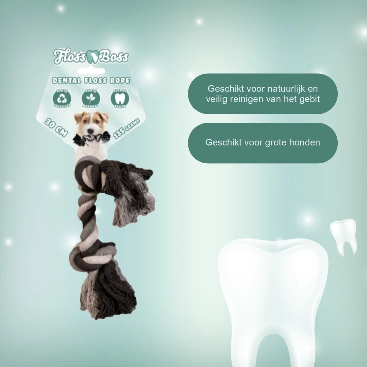 Floss Boss Flostouw – Zeer Stevig En Veilig Hondenspeelgoed – Hondentouw Van Gerecycled Katoen – Grijs Trektouw – 30cm - 135g – 2 Knopen 4 Floss Boss Flostouw – Zeer Stevig En Veilig Hondenspeelgoed – Hondentouw Van Gerecycled Katoen – Grijs Trektouw – 30cm - 135g – 2 Knopen - Afbeelding 2