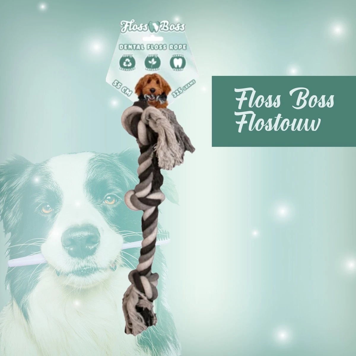 Floss Boss Flostouw – Zeer Stevig En Veilig Hondenspeelgoed – Hondentouw Van Gerecycled Katoen – Grijs Trektouw – 55cm – 325g – 3 Knopen 4 Floss Boss Flostouw – Zeer Stevig En Veilig Hondenspeelgoed – Hondentouw Van Gerecycled Katoen – Grijs Trektouw – 55cm – 325g – 3 Knopen - Afbeelding 2