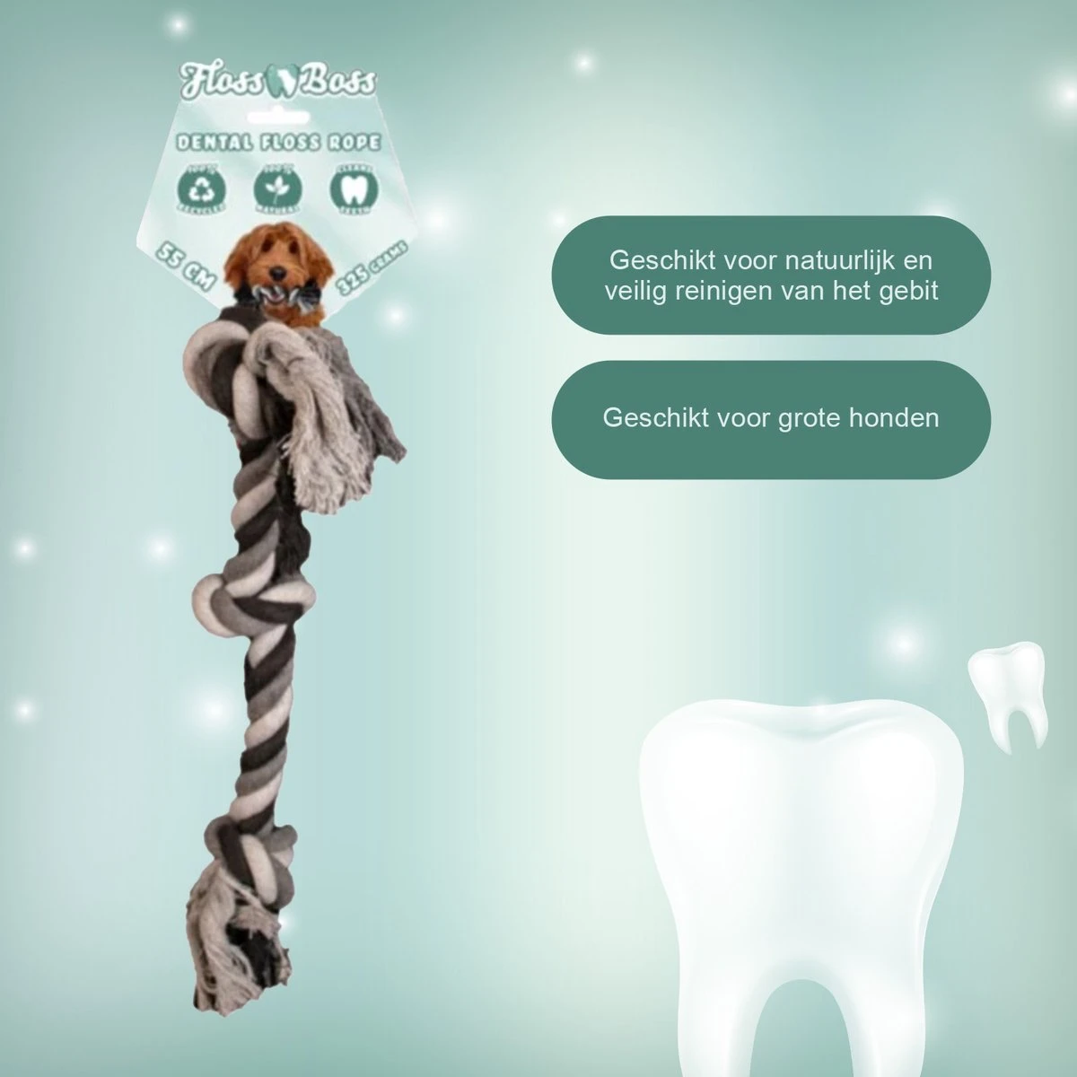 Floss Boss Flostouw – Zeer Stevig En Veilig Hondenspeelgoed – Hondentouw Van Gerecycled Katoen – Grijs Trektouw – 55cm – 325g – 3 Knopen 6 Floss Boss Flostouw – Zeer Stevig En Veilig Hondenspeelgoed – Hondentouw Van Gerecycled Katoen – Grijs Trektouw – 55cm – 325g – 3 Knopen - Afbeelding 4