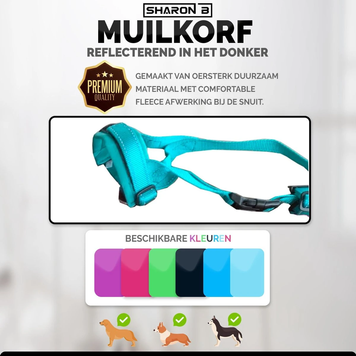 Sharon-B Muilkorf Turquoise Maat S - Fleece - Reflecterend - Kleine Hond 4 Sharon-B Muilkorf Turquoise Maat S - Fleece - Reflecterend - Kleine Hond - Afbeelding 2