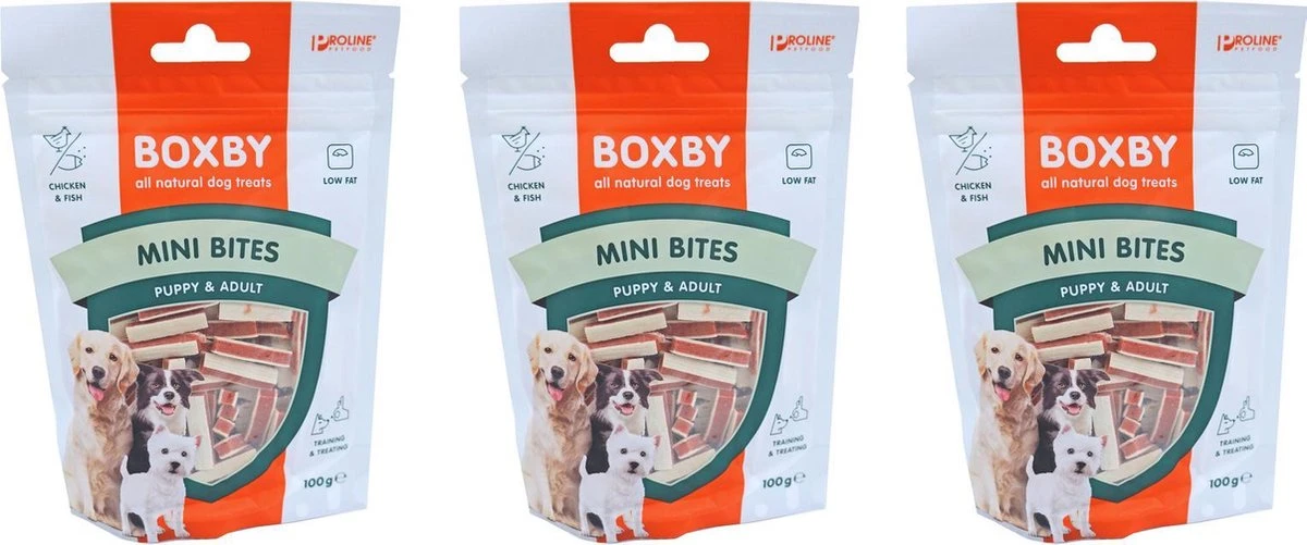 Proline Boxby Puppy Snacks, Mini Bites. Per 3 Verpakkingen Van 100 Gr 3 Proline Boxby Puppy Snacks, Mini Bites. Per 3 Verpakkingen Van 100 Gr