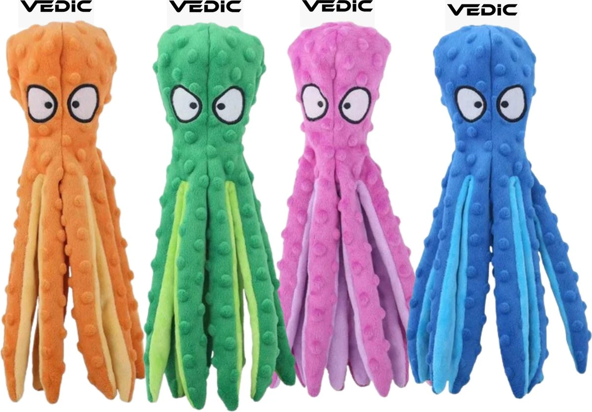 VEDIC® - Octopus Honden Knuffel Set Van 4 - Piepspeelgoed - Geen Vulling - 32CM - Groen/Blauw/Oranje/Roze 3 VEDIC® - Octopus Honden Knuffel Set Van 4 - Piepspeelgoed - Geen Vulling - 32CM - Groen/Blauw/Oranje/Roze