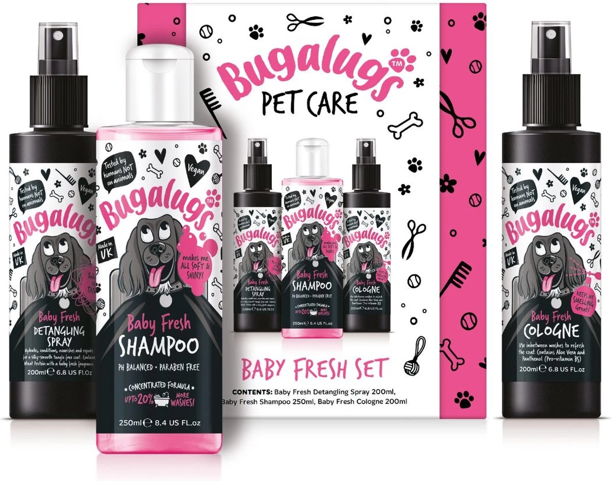 Bugalugs - Vachtverzorging Hond - Baby Fresh Gift Set - Hondenshampoo - Hondenparfum - Anti-klit Spray - 650 Ml - Kerstcadeau 3 Bugalugs - Vachtverzorging Hond - Baby Fresh Gift Set - Hondenshampoo - Hondenparfum - Anti-klit Spray - 650 Ml - Kerstcadeau