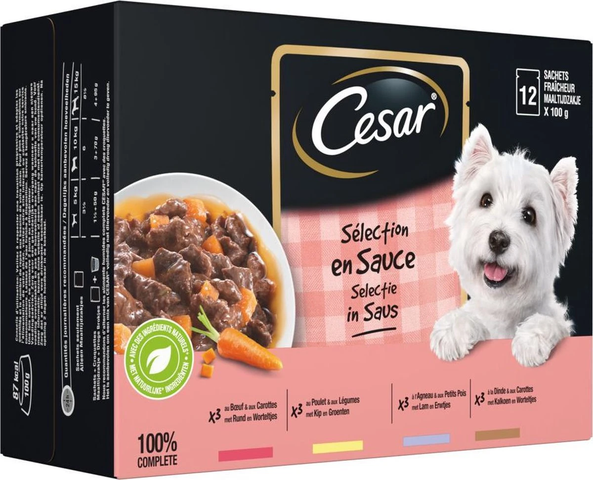 Cesar Selectie In Saus Maaltijdzakjes Honden Natvoer - Vlees En Groenten In Saus - 48 X 100 Gr 4 Cesar Selectie In Saus Maaltijdzakjes Honden Natvoer - Vlees En Groenten In Saus - 48 X 100 Gr - Afbeelding 2
