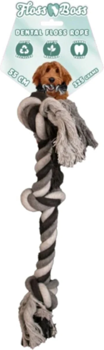 Floss Boss Flostouw – Zeer Stevig En Veilig Hondenspeelgoed – Hondentouw Van Gerecycled Katoen – Grijs Trektouw – 55cm – 325g – 3 Knopen 3 Floss Boss Flostouw – Zeer Stevig En Veilig Hondenspeelgoed – Hondentouw Van Gerecycled Katoen – Grijs Trektouw – 55cm – 325g – 3 Knopen