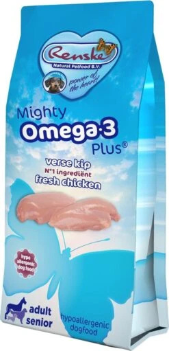 Renske Mighty Omega Plus Adult/Senior Kip/Rijst 15 KG -Hondenbenodigdheden 580x1200