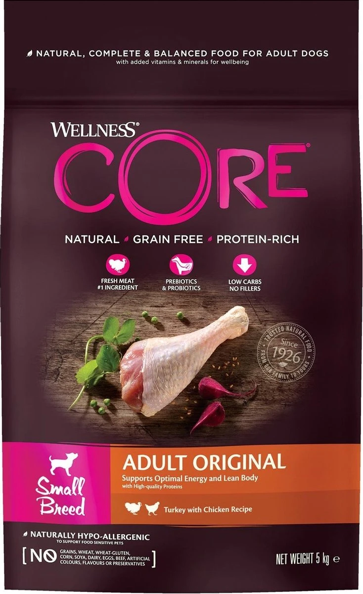 Wellness Core Grain Free Dog Small Breed Adult Original - Hondenvoer - Kalkoen Kip 5 Kg 3 Wellness Core Grain Free Dog Small Breed Adult Original - Hondenvoer - Kalkoen Kip 5 Kg